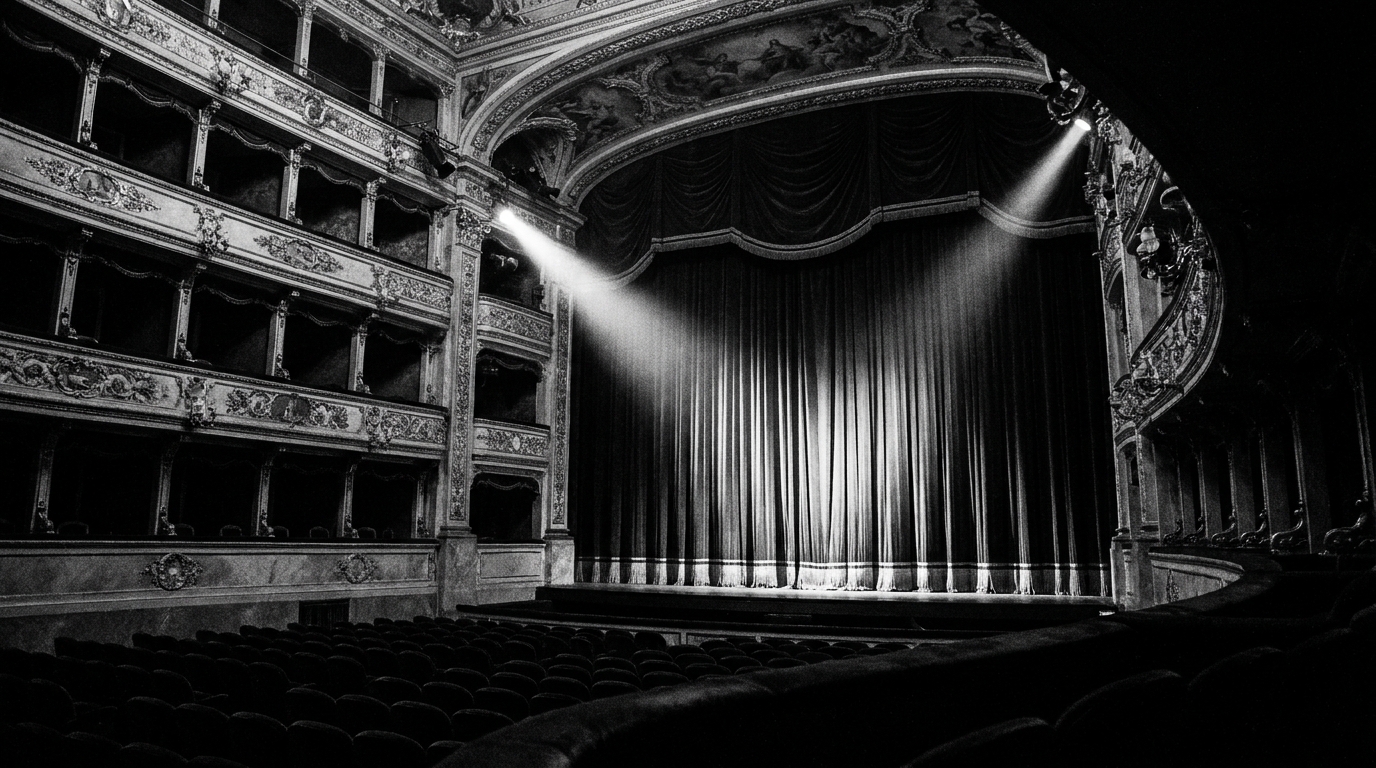 Sala cinematografica storica italiana con luci soffuse e poltrone rosse
