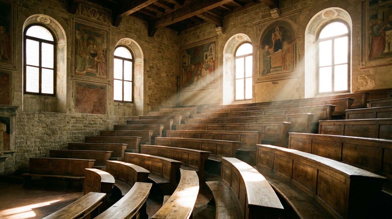 Aula universitaria vuota con banchi in legno e finestre ad arco
